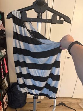 INC International Concepts One-Shoulder Striped Tank Top - Black & Silver